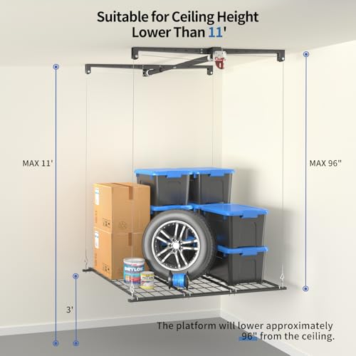 Overhead Garage Storage Rack, Heavy-duty 4x4 Ft Ceiling Storage Racks with Safety Lock