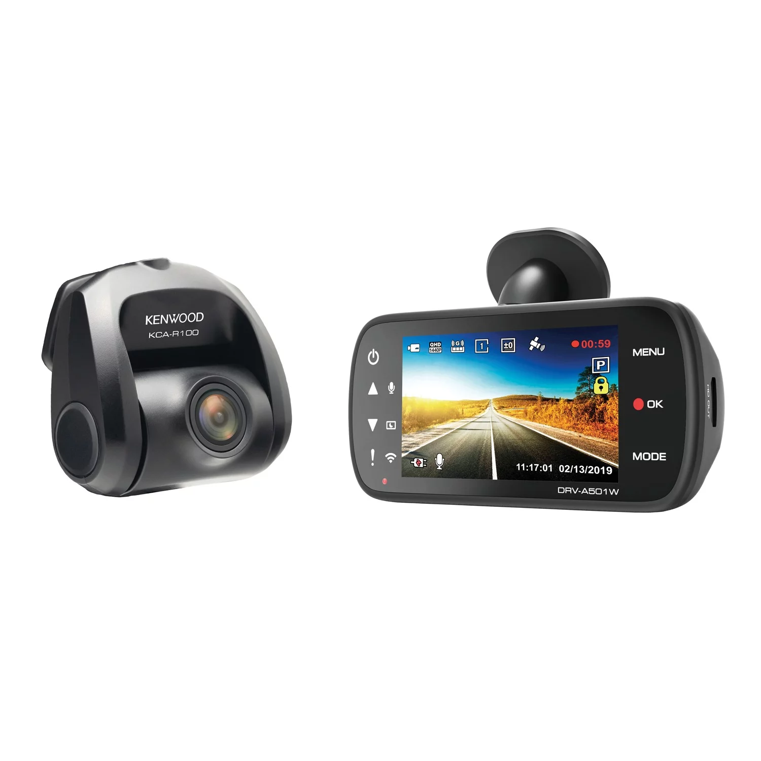 KENWOOD DRV-A501WDP Dual-Camera Wide-Quad HD Drive Recorder with 3-Inch LCD, Wi-Fi, and GPS