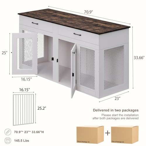 71 Inch Dog Crate Furniture for 2 Dogs, XXL Double Cage with Removable Divider & Large Doors, Heavy Duty Wooden Dog Kennel, Indoor Pet House (Black