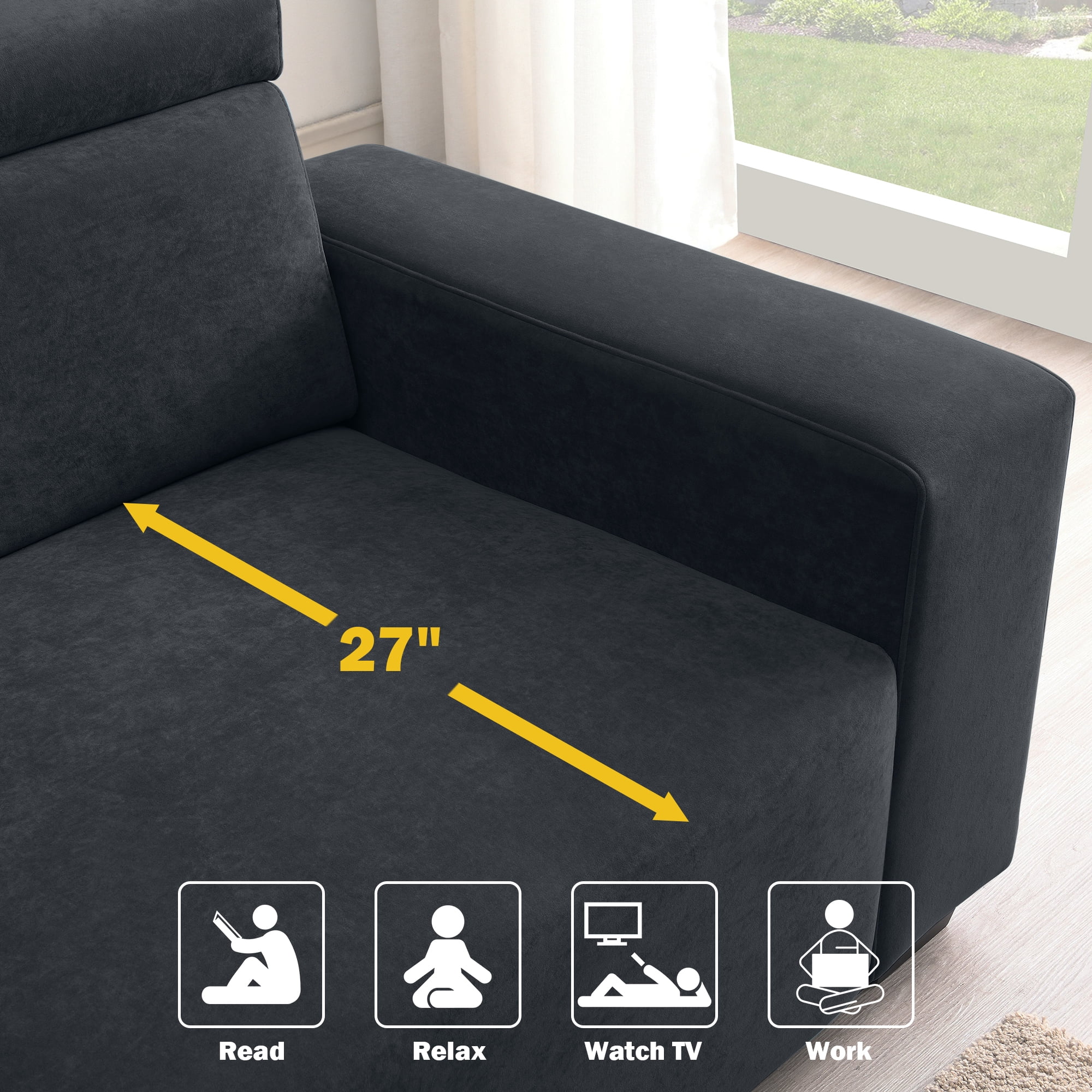 Soges 87" Velvet Loveseat Modern 2-Seater Sofa Couch with Multi-Angle Adjustable Headrest for Living Room, Black