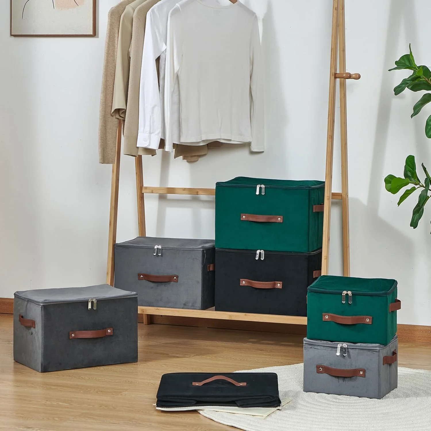 Storage Bins with Zipper Lid Velvet Fabric Storage Boxes Lidded Baskets Foldable Washable Decorative Closet Shelf Clothes Organizer Container with PU