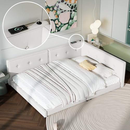 SOFTSEA Full Size Upholstered Floor Daybed, Modern L-Shaped Daybed Corner Bed with USB Ports