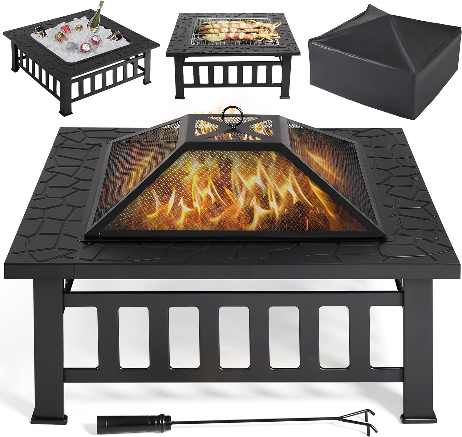 Yaheetech Multifunctional Fire Pit Table 32in Square Metal Firepit Stove Backyard Patio Garden Fireplace for Camping, Outdoor Heating
