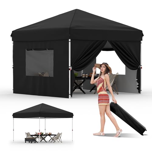 10'x10' Pop Up Canopy Tent with 4Pcs Sidewalls, Portable Instant Commercial Canopy with 4 Stakes, 4 Ropes, 4 Sandbags for Farmers'