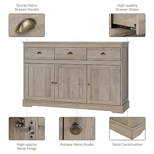 Keyluv White Buffet Cabinet Storage Sideboard Farmhouse Server Bar Wine Cabinet with 3 Drawers & 3 Doors Adjustable Shelves Console Table for Dining