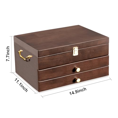 Silverware Storage Box, 2-Layer Flatware Storage Case with Drawer, Wooden Silverware Chest with Linen Liner