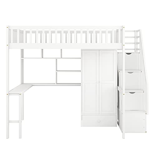 Twin Loft Bed with Staircase, Desk and Wardrobe, Wood Loft Bed with Storage Shelves and Safety Guardrail