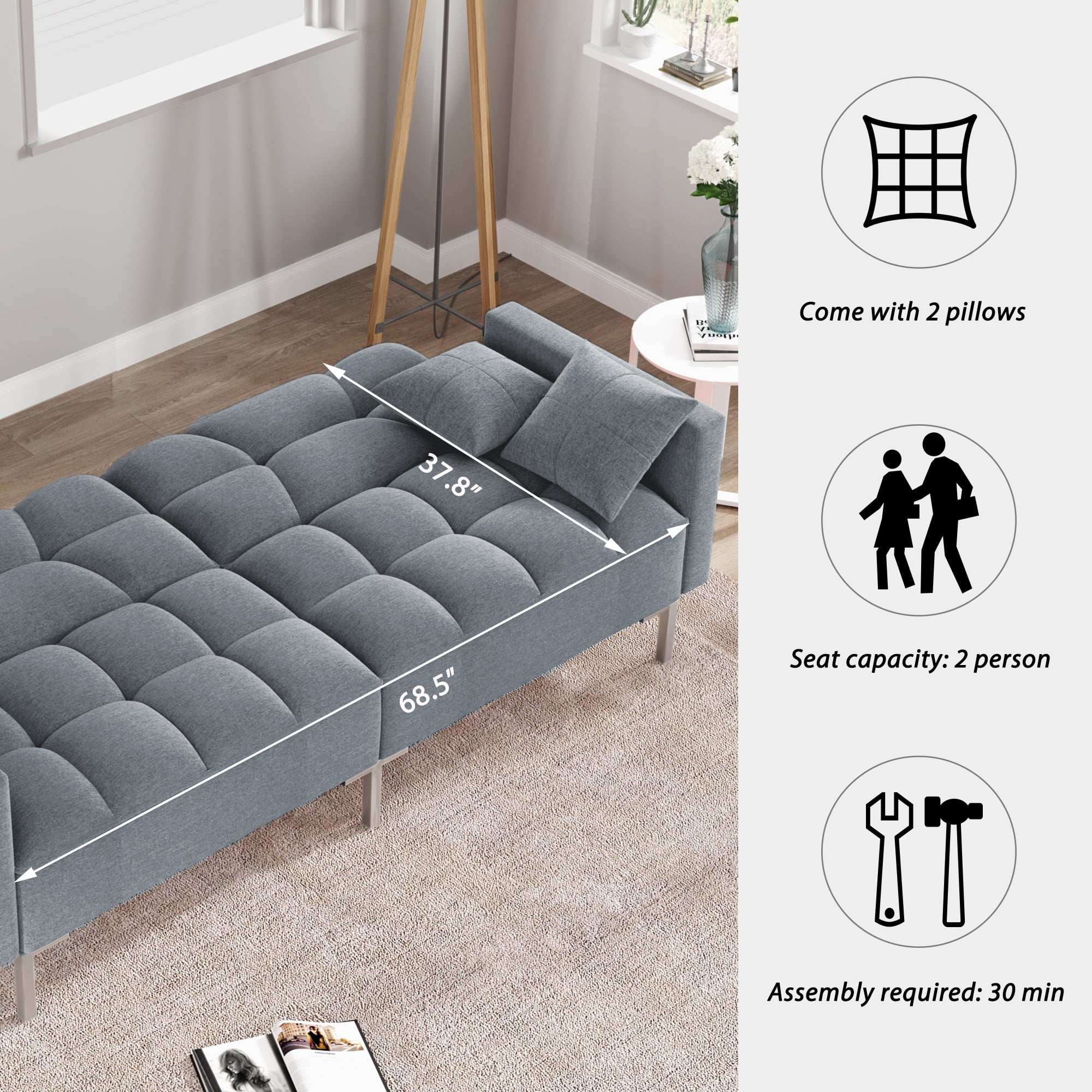 75" W Sectional Sofa Convertible Folding Futon Sofa Bed 3 Seat Couch, Modern Sofa with Linen Fabric, Couches Sofas for Living Room Apartment Bedroom