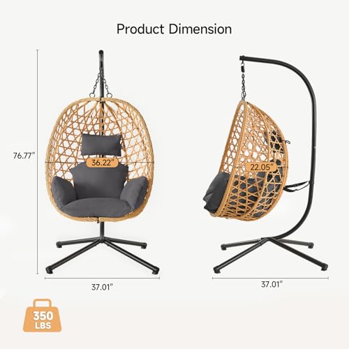 Egg Chair with Stand, Wicker Rattan Swing Hammock Chair with Fine Lace & Cushion, Hanging Chair with Double Chains