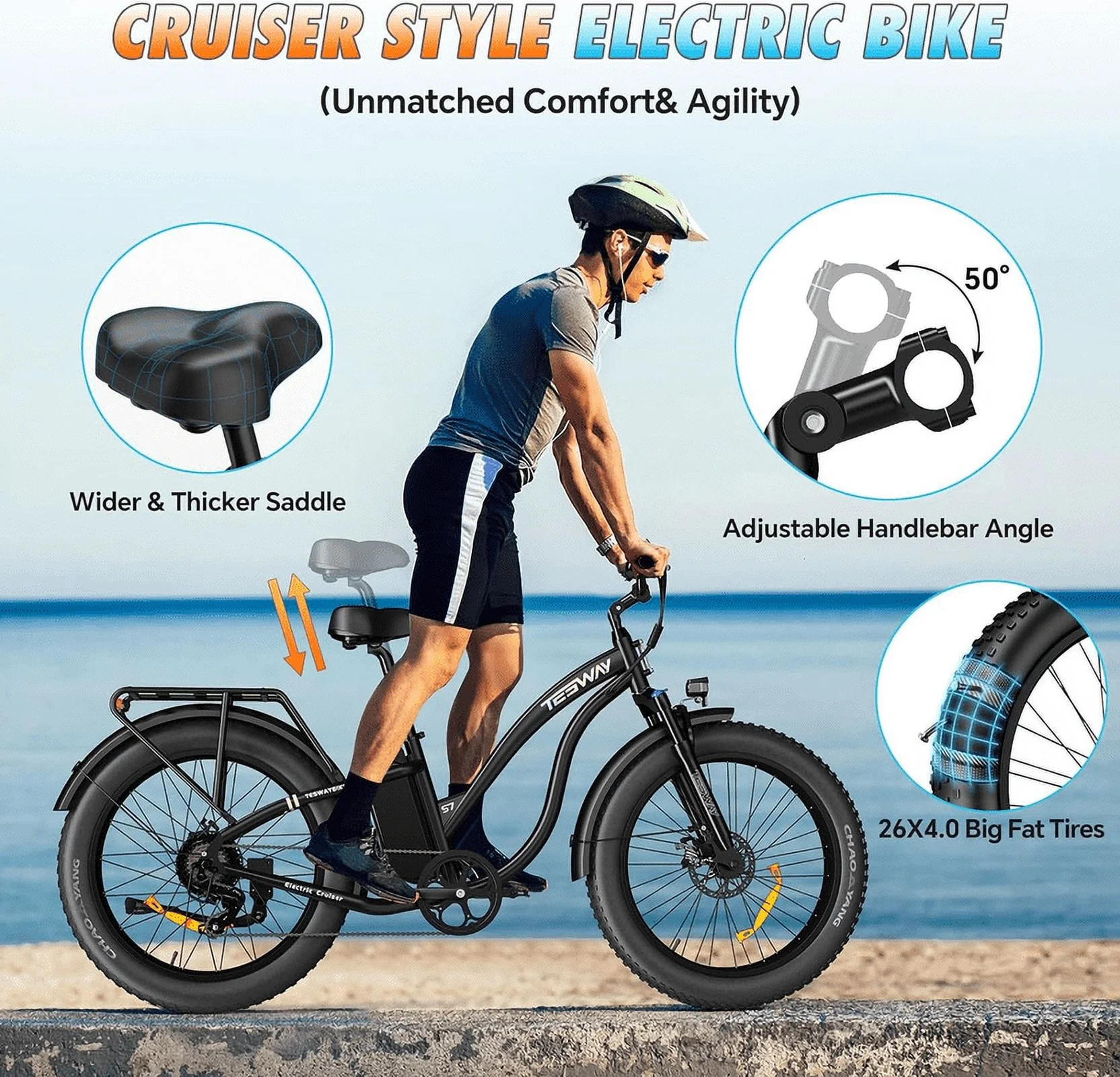 TESWAY S7 Fat Tire Electric Bike, 48V 20AH Long Range E Bike For Adults,【Advanced Adjustable Stem】26 X4.0" Snow Beach Mountain Electric Cruiser Bike