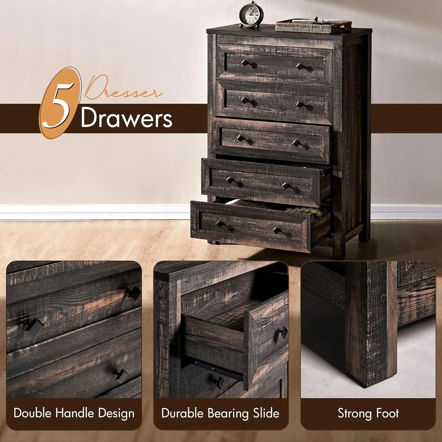 Amerlife 5 Drawers Dresser for Bedroom, Wood Tall Dresser with Vintage Gain for Adult, Dark Oak