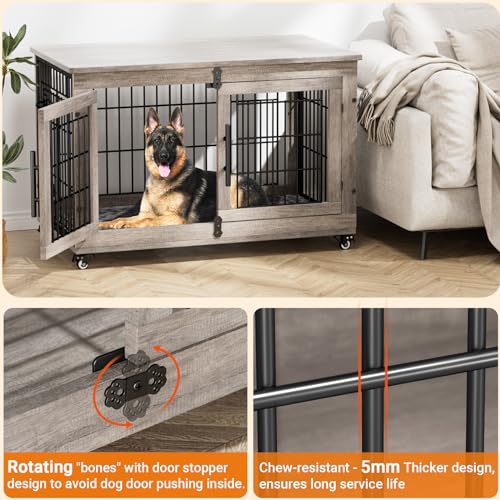 Lulive Dog Crate Furniture for Medium Dogs, 32'' Dog Kennel Indoor with Cushion & Wheels Wooden Dog Cage Double Doors Dog Crate End Table, Grey