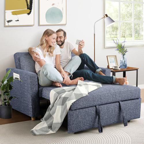SEJOV 3-in-1 Convertible Sofa Bed, Linen Fabric Sleeper Couch Pull Out Bed, 49" 2-Seater Loveseat Futon Sofa with Spring Support
