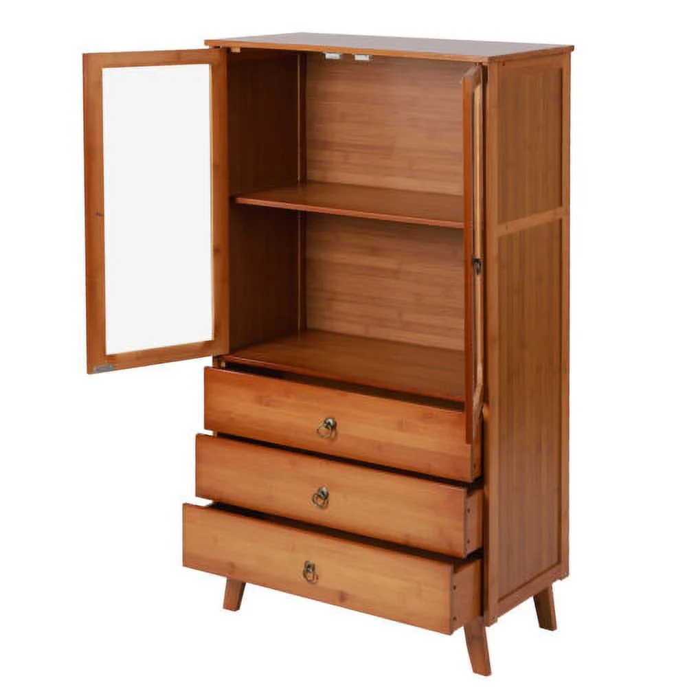 Wooden Storage Pantry Cupboard with 3 Drawers, Cabinets & 2 Acrylic Doors Brown