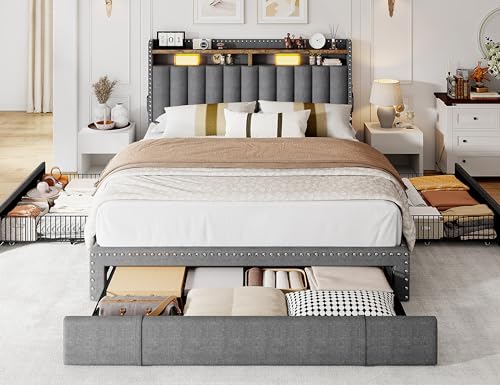 EnHomee Queen Bed Frame with 3 Storage Drawers, Upholstered Bed Frame Queen Size with 2-Tier Storage Headboard, Wooden Slats, No Box Spring Needed
