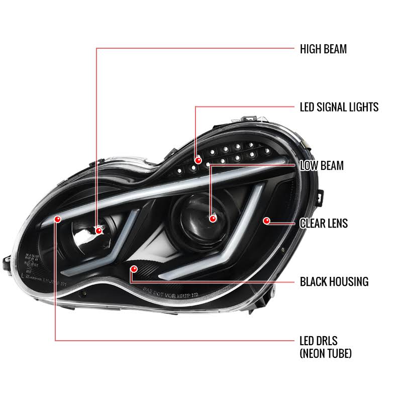 Spec-D Tuning 2001-2007 Mercedes Benz W203 C-Class C230 C240 C320 LED Projector Headlights Black Hea