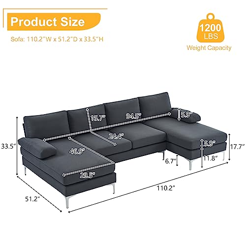 Karl home Convertible Sectional Sofa 110" U-Shape Sofa Couch 4-Seat Couch with Chaise ChenilleFabric Upholstered for Living Room, Apartment, Office