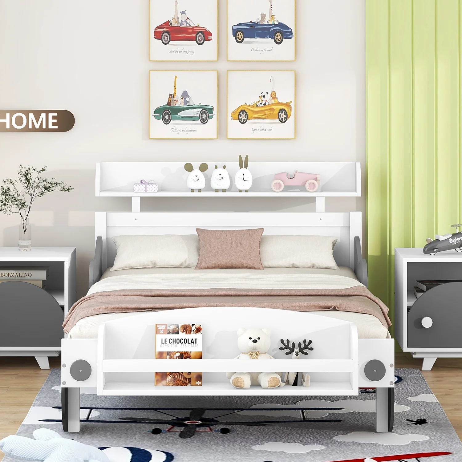Churanty Twin Size Car-Shaped Platform Bed with Storage Shelf, Kids Twin Platform Bed Frame for Boys Girls,Gray