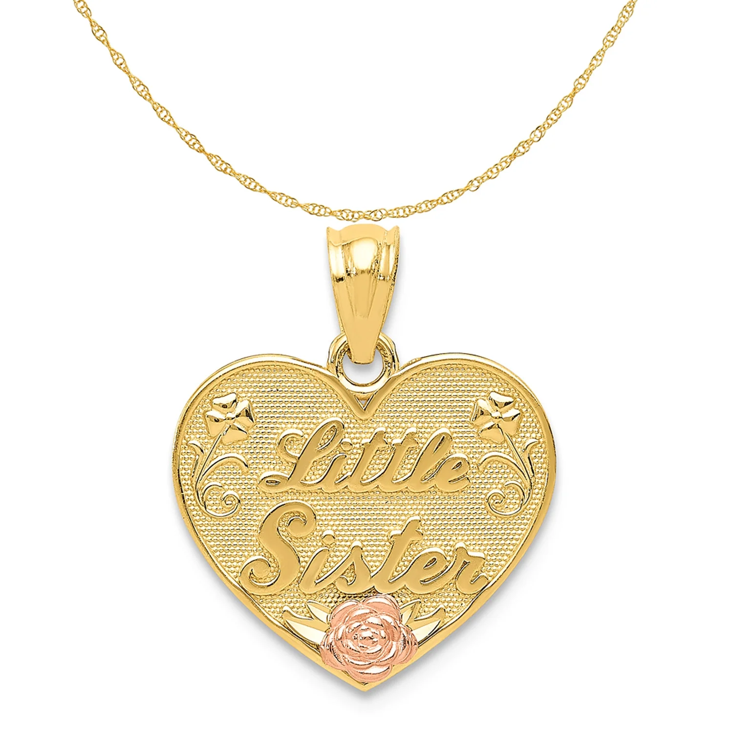 Carat in Karats 14K Two-Tone Gold Two-Tone Little Sister Heart Pendant (20mm X 15mm) With 14K Yellow Gold Light Weight Rope Chain 16"