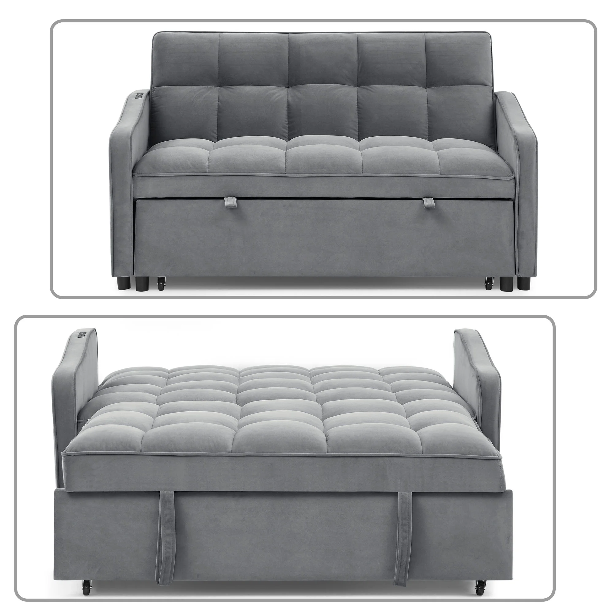 Modern Stylish Velvet Upholstered 2-Seater Sofa Bed with Adjustable Backrest and Pull-Out Bed, Grey
