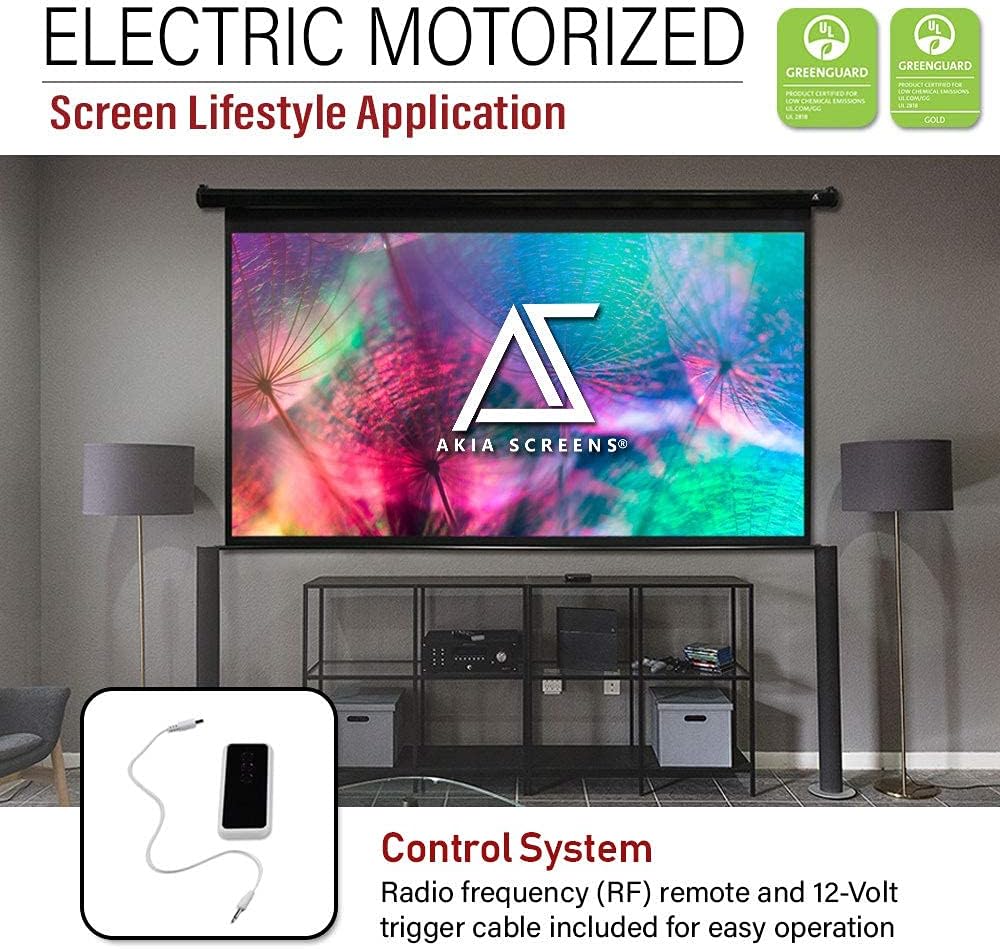 Akia Screens 150 inch Motorized Electric Remote Controlled Drop Down Projector Screen 16:9 8K 4K HD 3D Retractable Ceiling Wall Mount Black
