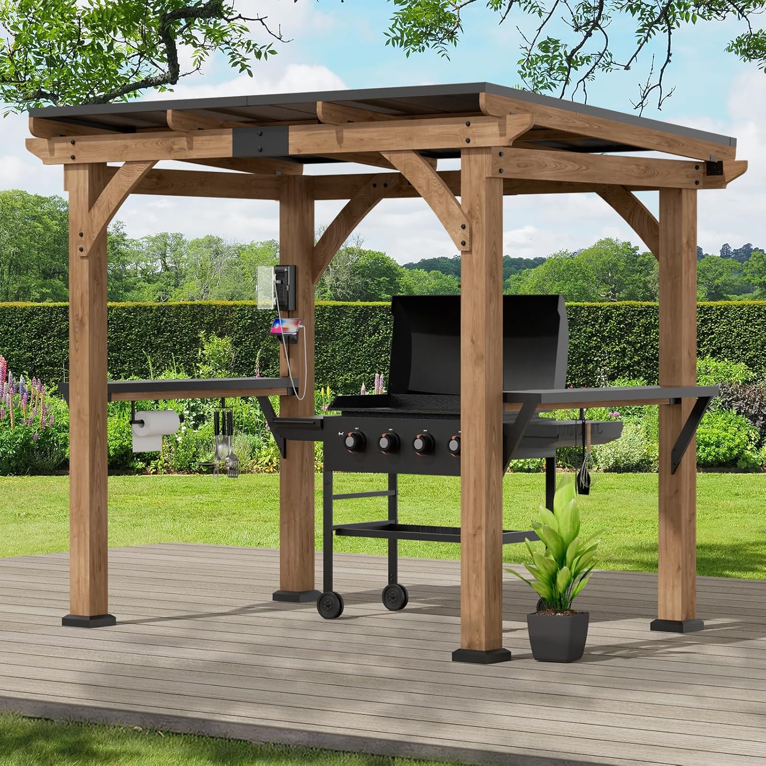 Modern Shade Grill Gazebo 6' X 8', Cedar Wood Gazebo with Shelves and Paper Towel Holder, Patio Gazebo with Galvanized Steel Roof