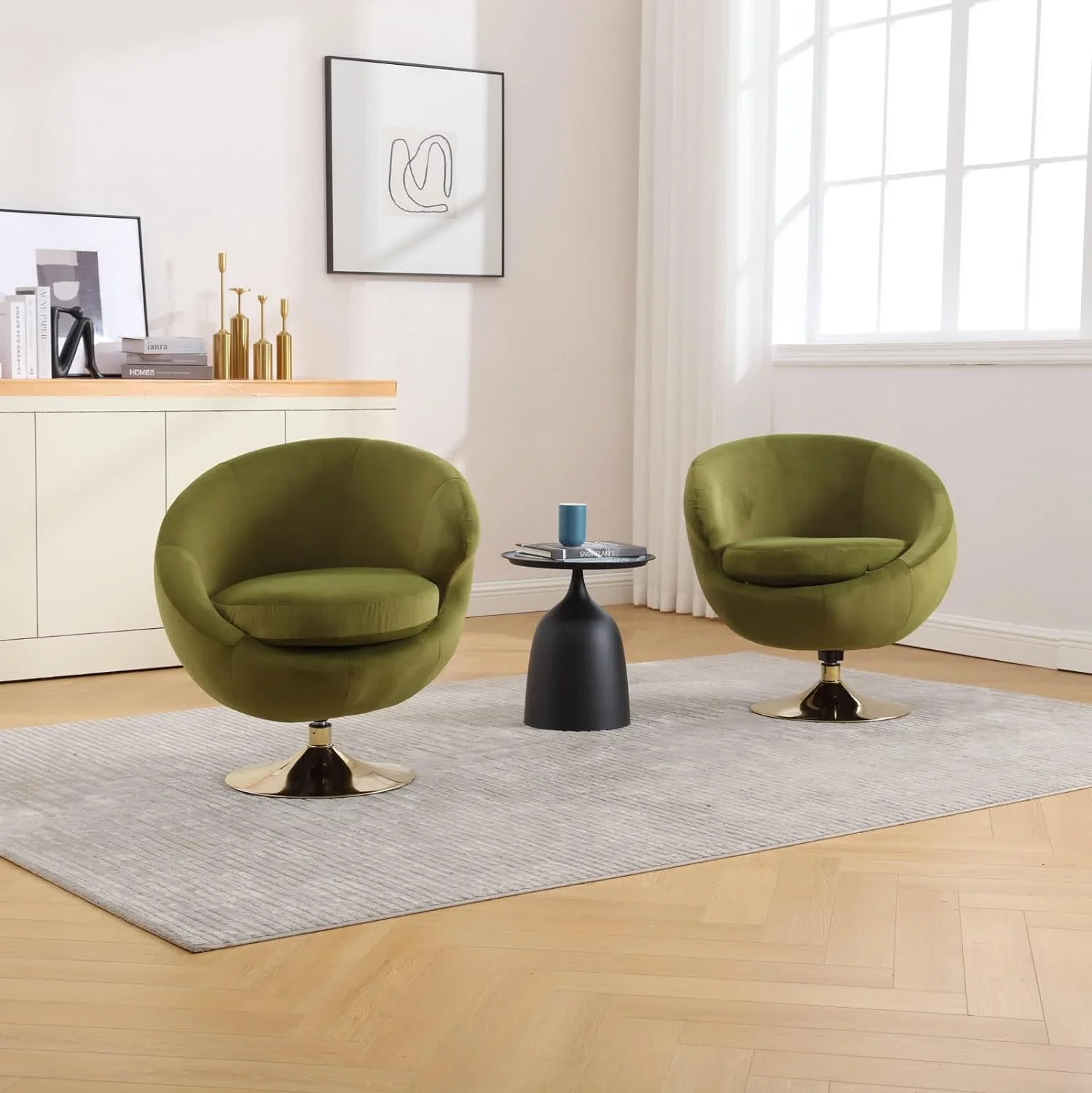 Modern Swivel Barrel Chair, Green Velvet Round Accent Chair, 360 Swivel Cuddle Vanity Chair, Upholstered Arm Chair for Living Room, Bedroom, Hotel