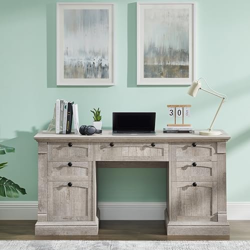 OKD 60" Executive Desk with Drawers, Farmhouse Home Office Desk with Charging Station, Keyboard Tray, File Cabinet Storage