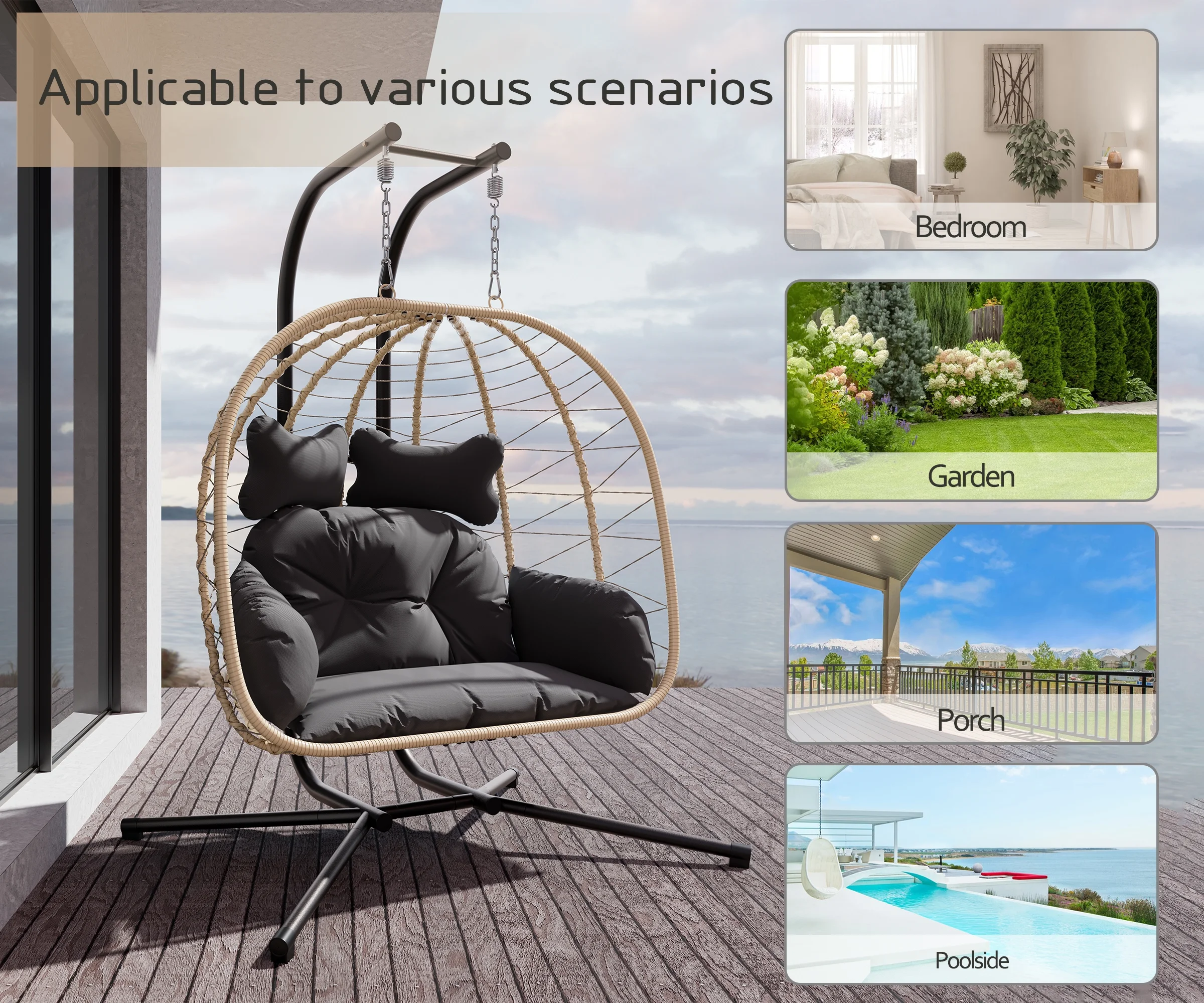 Esmlada Double Wicker Swing Egg Chair Hammock Foldable Hanging Loveseat with Stand, UV Resistant Removable Cushions, 700LBS Capacity for Bedroom