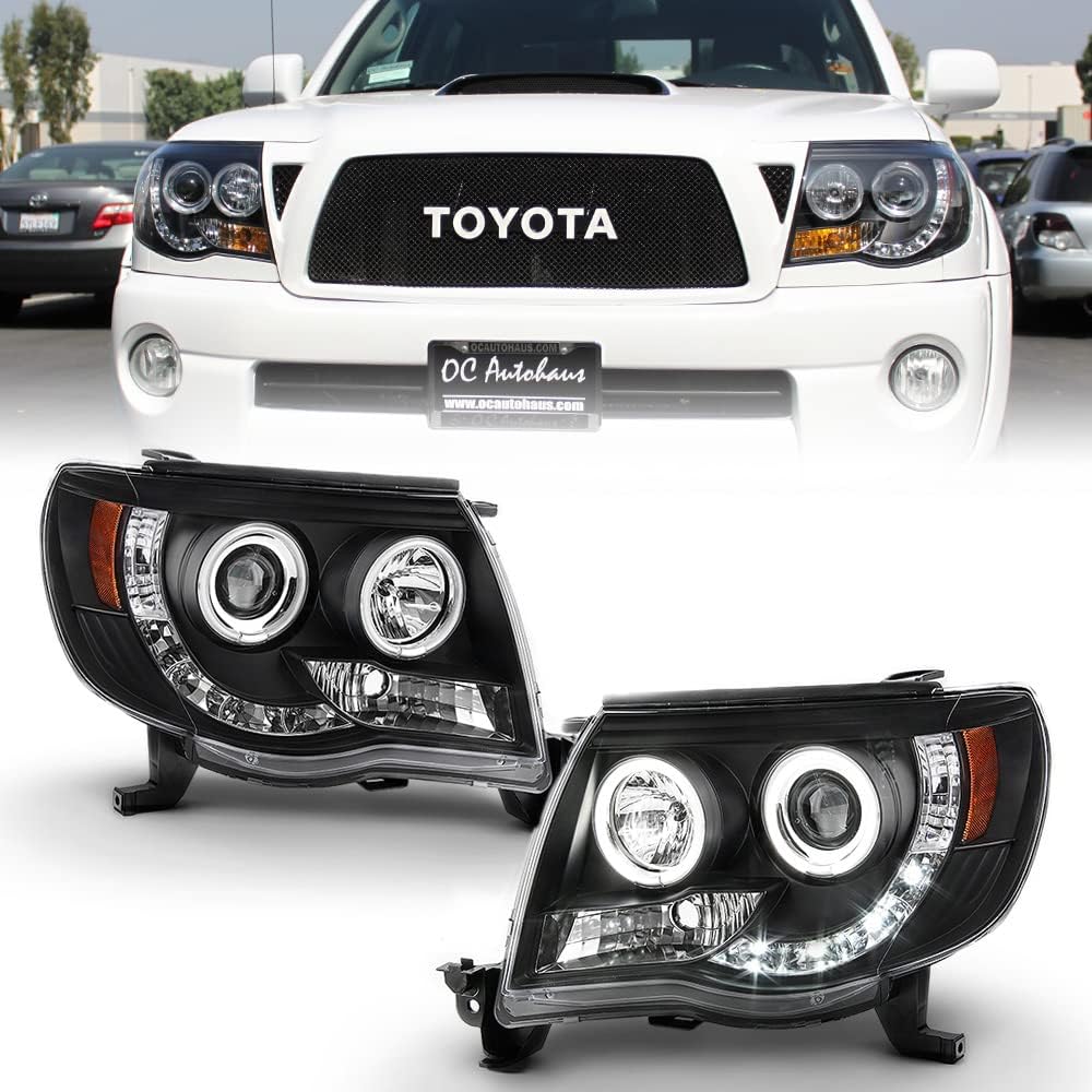 ACANII - For 2005-2011 Toyota Tacoma LED DRL CCFL Halo Black Housing Projector Headlights Headlamps, Driver & Passenger
