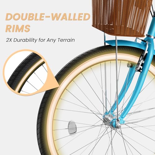 MOONCOOL Womens Bike 7 Speed, 24 26 inch Beach Cruiser Bikes for Women, Step Through Adult Bicycle with Front Basket for City Commuting