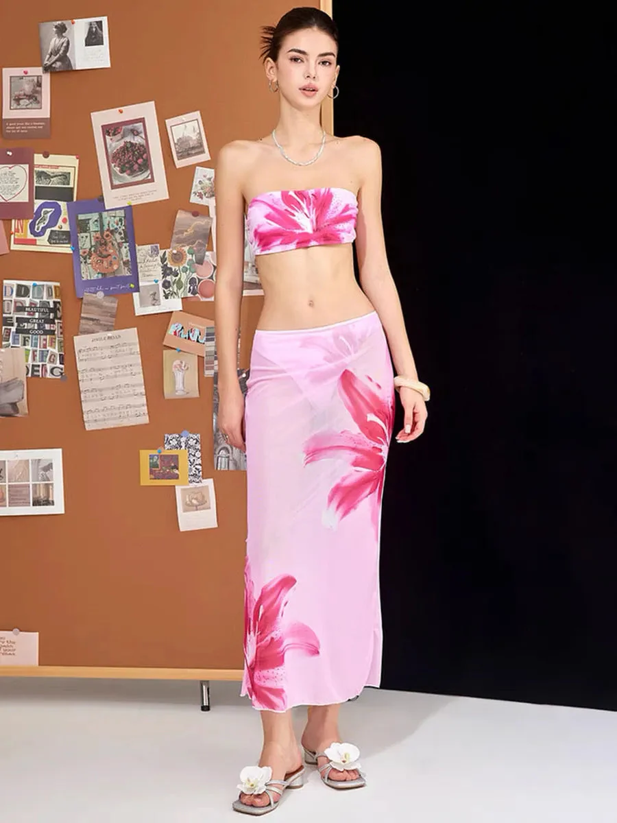 'Petal Potion‘ Y2k Pink Summer Beach Core Flower Bikini Set With Midi Skirt