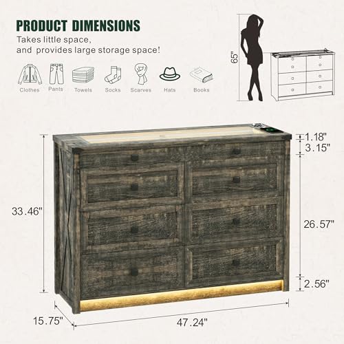Farmhouse 8 Drawers Dresser for Bedroom, Tall Wood Chest of Drawers with LED Light/Charging Station/Human Sensor, Clothes Dressers for Closet