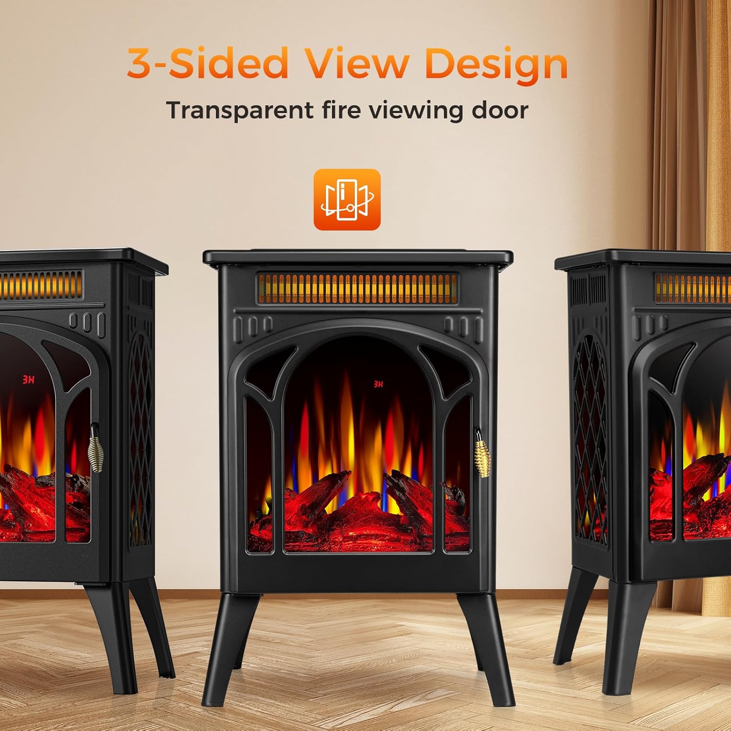 COWSAR Electric Fireplaces, 1500W Infrared Electric Stove Heater, Efficient Heating, 3D Realistic Flame, Remote Control, 8H Timer