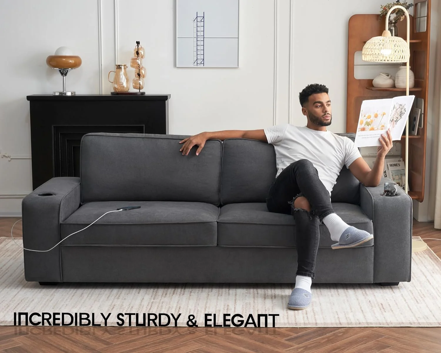 Papajet 89 inch Sofa with USB Charging Ports & Cup Holders, Couch for Living Room, Grey Chenille