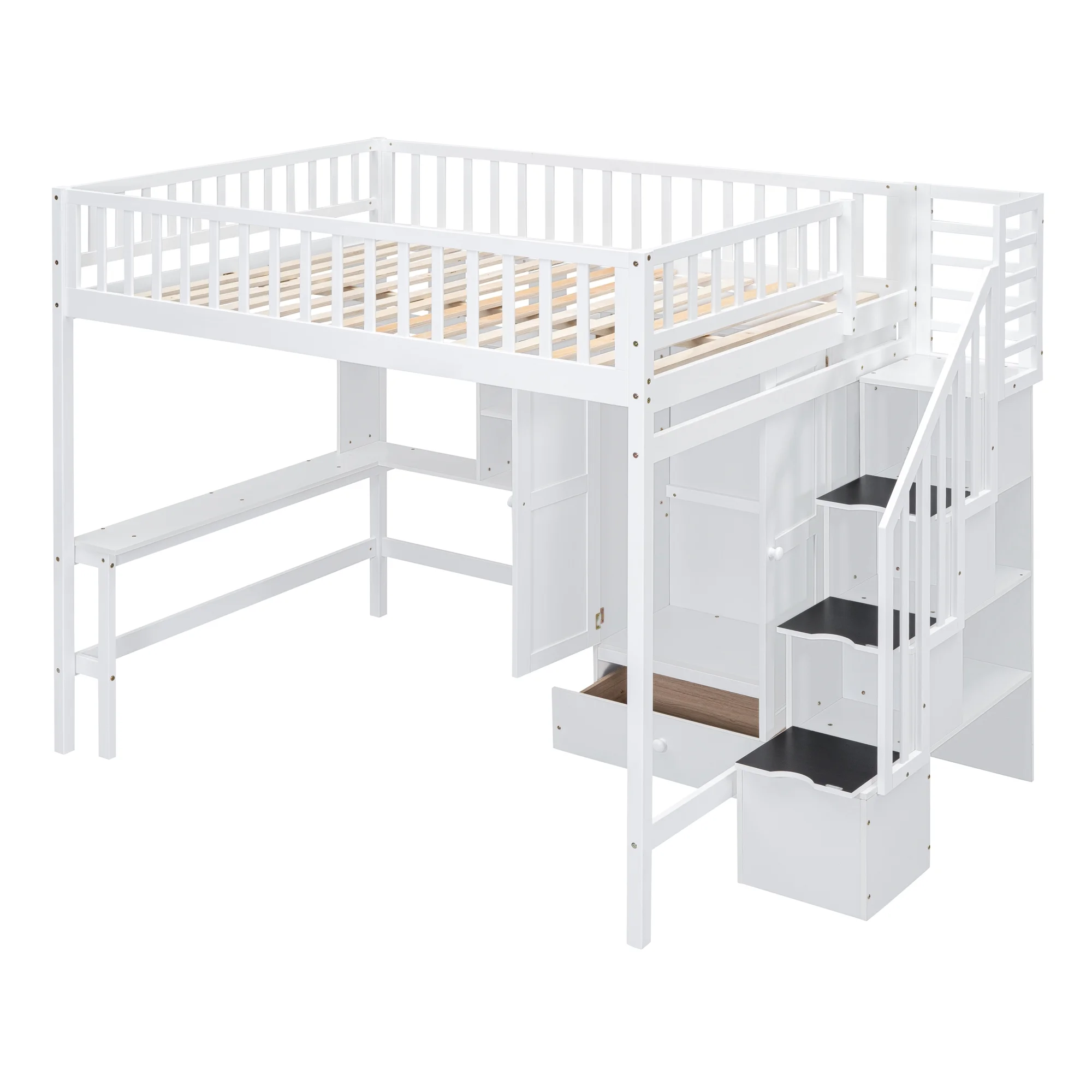 Churanty Full Loft Bed with Wardrobe Storage Space, Stairs Loft Bed with Desk and Shelves for Kids Boys Girls Teens,White - Radiant Selections