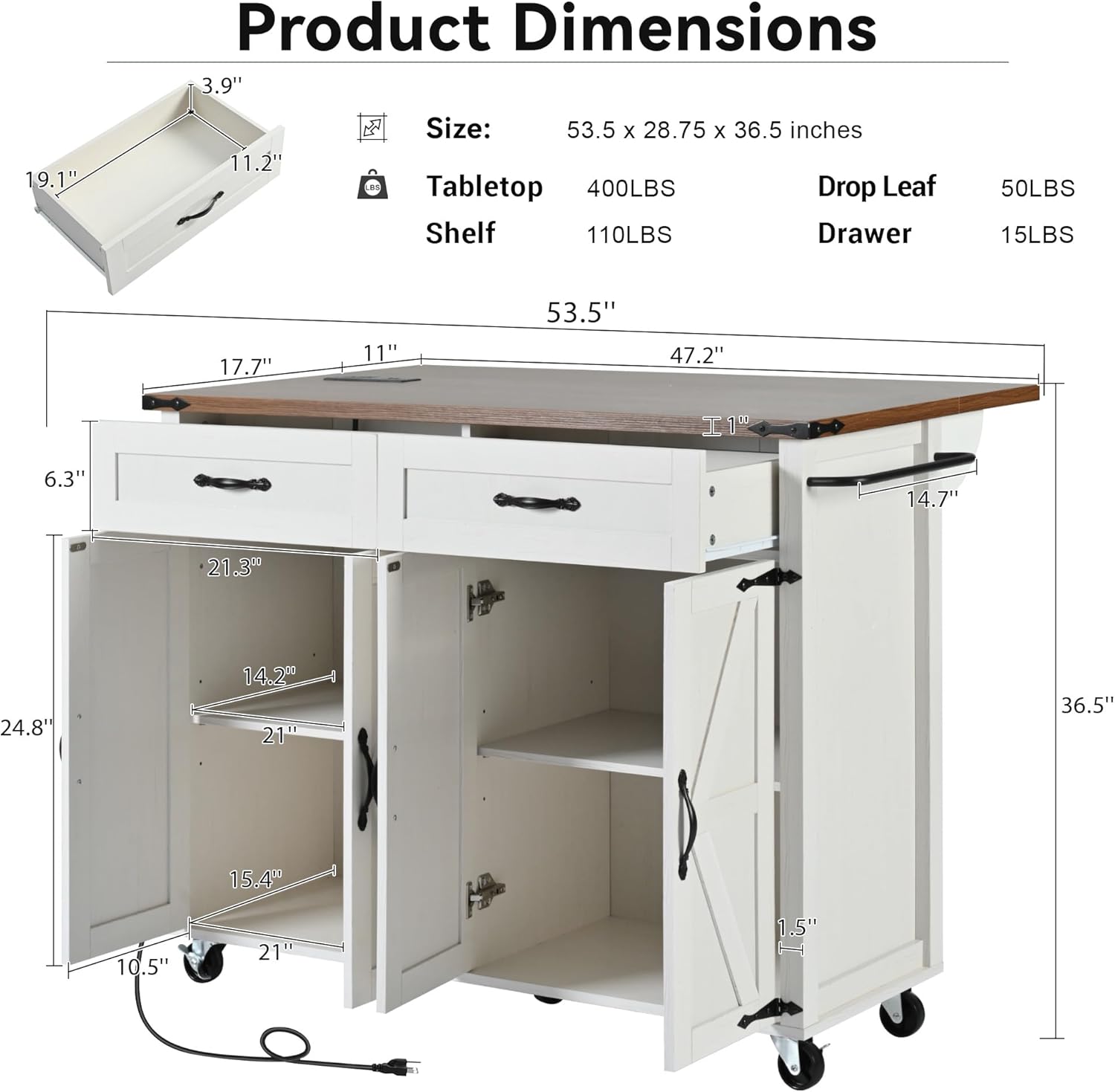 53.5''Farmhouse Kitchen Island with Power Outlet, Kitchen Storage Island with Drop Leaf, Spice Rack and Drawer, Rolling Kitchen Cart on Wheels