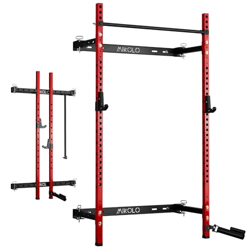 Mikolo 2" x 2" Folding Wall Mounted Squat Rack, 1000 Pounds Capacity Power Rack with Pull Up Bar, J Hooks and Other Attachments, Space-Saving Home Gym