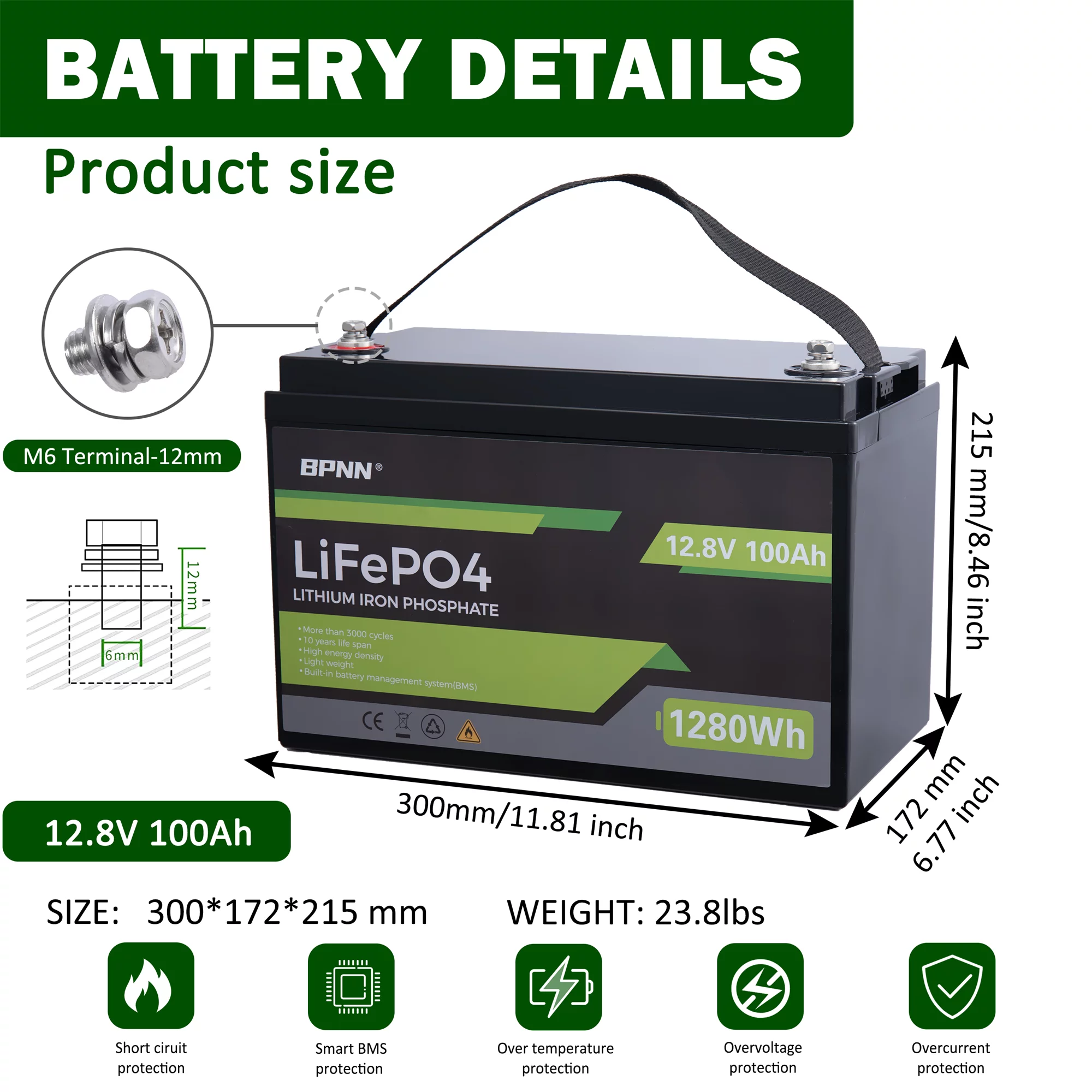 12V LiFePo4 Battery 12V 100AH Lithium Iron Battery 4000+ Cycles for RV Off-grid Home Back-up Solar