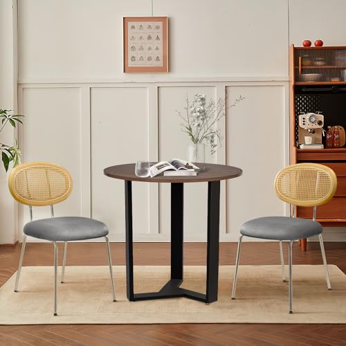 KithKasa Round Dining Table Set, 31.5" Mid Century Modern Kitchen Table,Mid-Century Black Leather Dining Chairs Set of 2 for Dining Room, Kitchen
