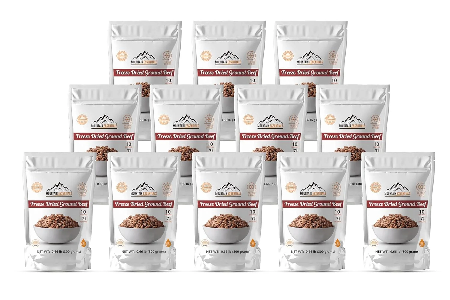 (Pack of 12) MOUNTAIN ESSENTIALS Freeze Dried Ground Beef Fully Cooked | Ready to Eat | No Water Added | No Preservatives | Survival & Emergency Food