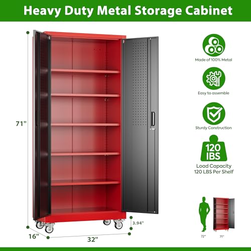 71" Metal Storage Cabinet with Wheels and Pegboard, Lockable Rolling Steel Storage Cabinet with 5 Adjustable Shelves and Door for Garage, Office