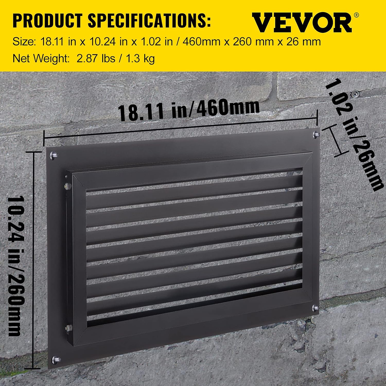 VEVOR Foundation Flood Vent, 8" Height x 16" Width Flood Vent, to Reduce Foundation Damage and Flood Risk, Black, Wall Mounted Flood Vent