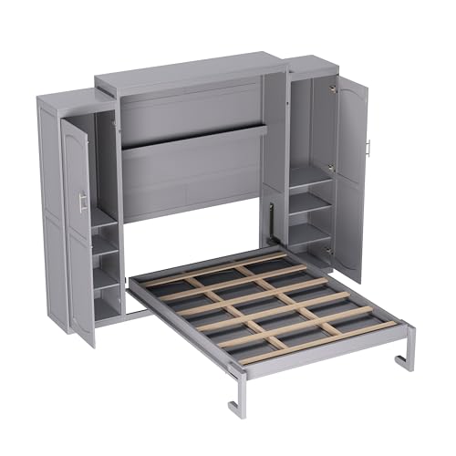 Queen Size Murphy Bed Wall Cabinet with 2 Wardrobe and Storage Shelf, Wooden Murphy Cube Wall Bed