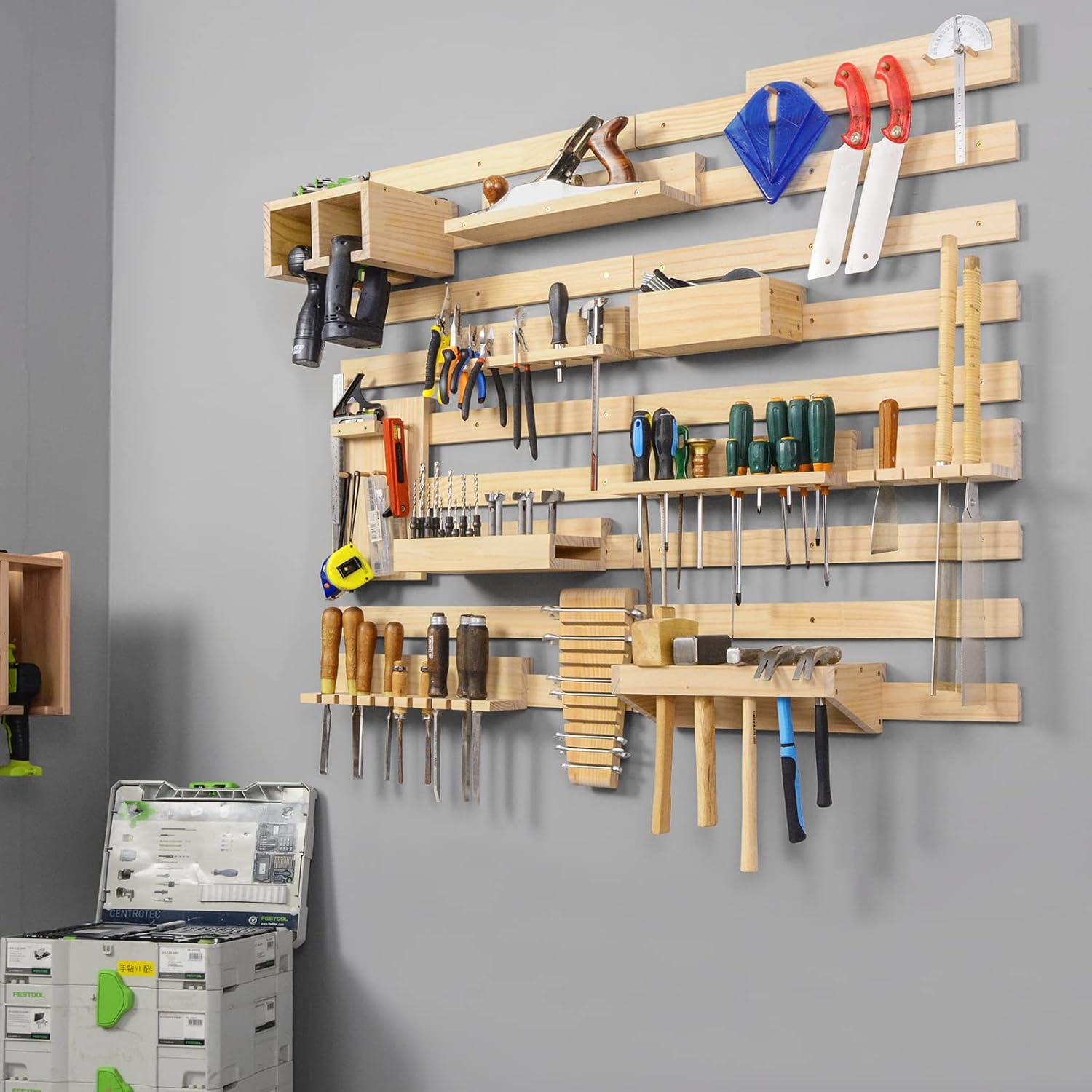 Ikkle Pine Pegboard Organizer Garage Wall Storage, Wood Panel Tool Organizer Kit Peg Board Panel with Power Tool Screwdriver  Holder for Workshop