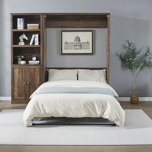 Full Size Murphy Bed with 2 Convertible Side Cabinet Storage Shelf &Charging Station, Foldable Platform Wall Bed Space Saving Bed Frame