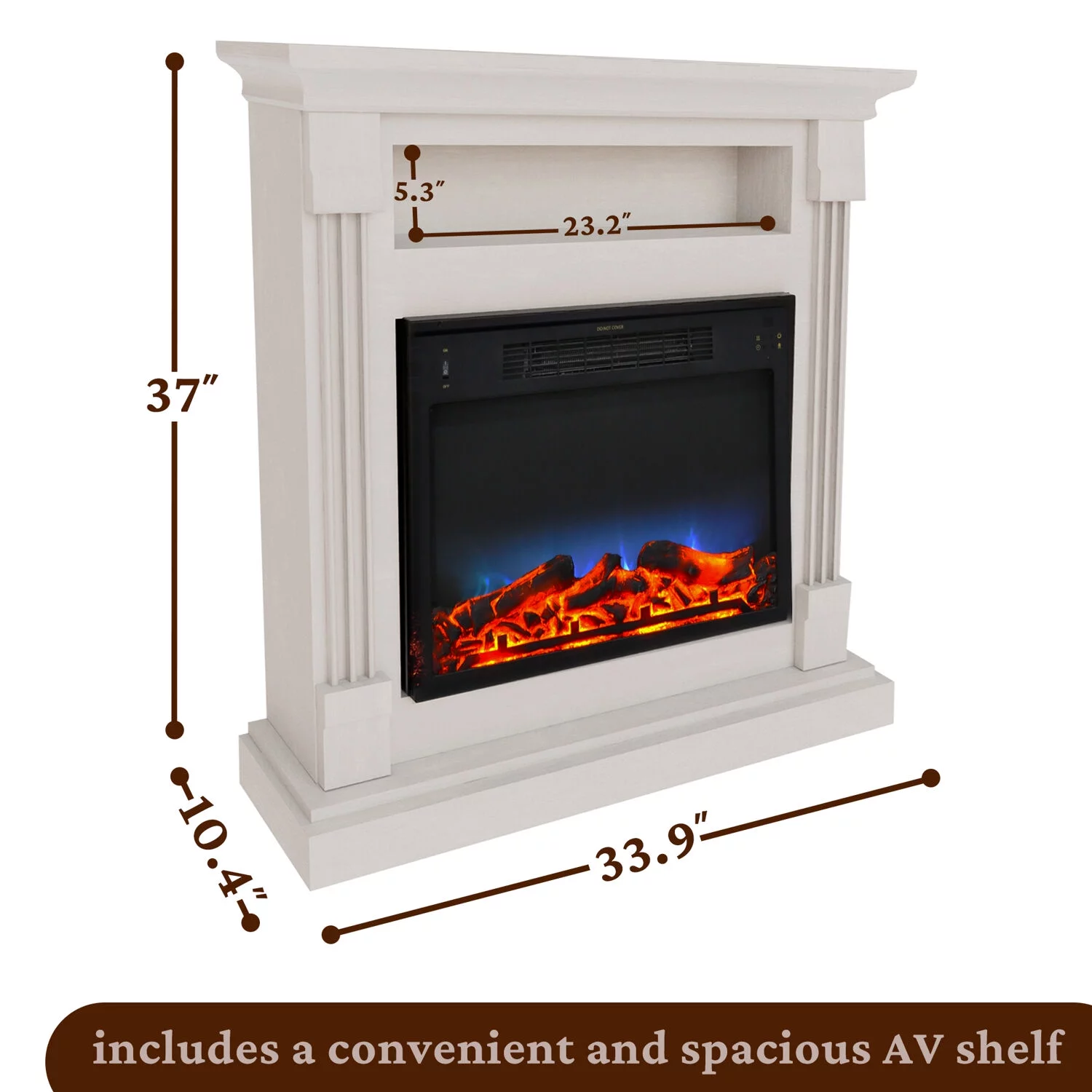 Cambridge Sienna 34" Freestanding White Mantel Electric Fireplace Heater with Realistic Multi-Color LED Flames & Log Insert | Heater For Rooms up to