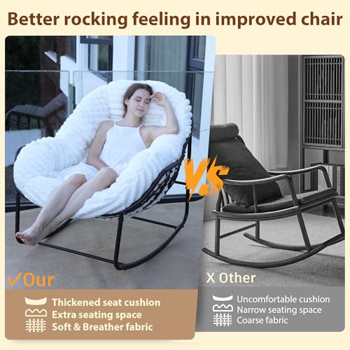 Outdoor Indoor Rocking Chair, Patio Wicker Egg Chair, Indoor & Outdoor Comfy Oversized Papasan Chair with Padded Cushion