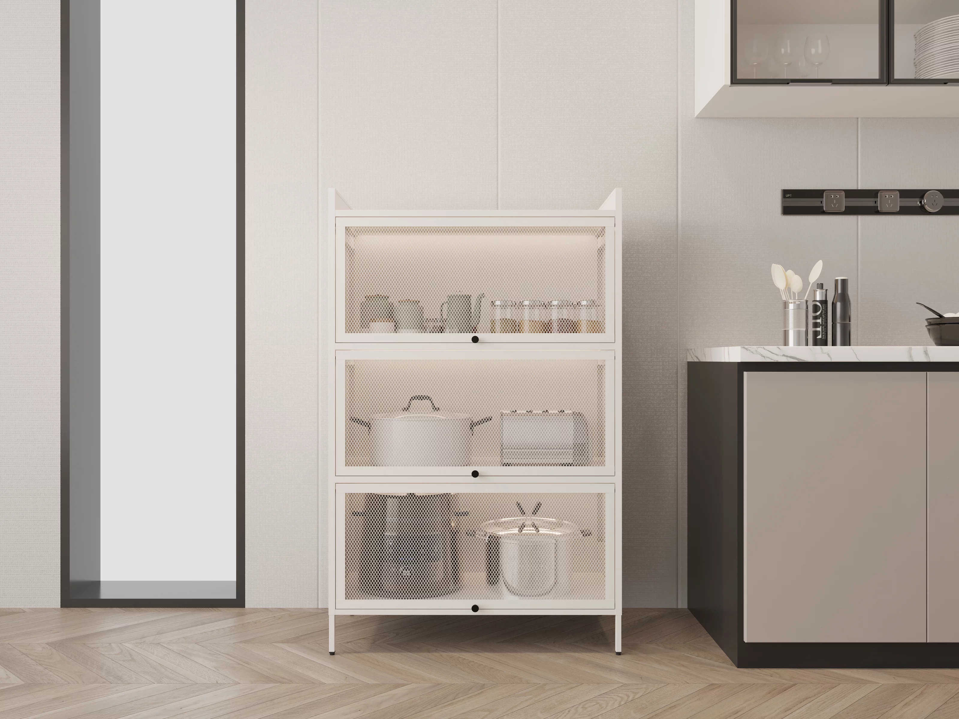 Lumary White 3-Tier Buffet Cabinet: Detachable, Folding Mesh Doors, Sturdy Steel Construction with Excellent Load-Bearing Capacity