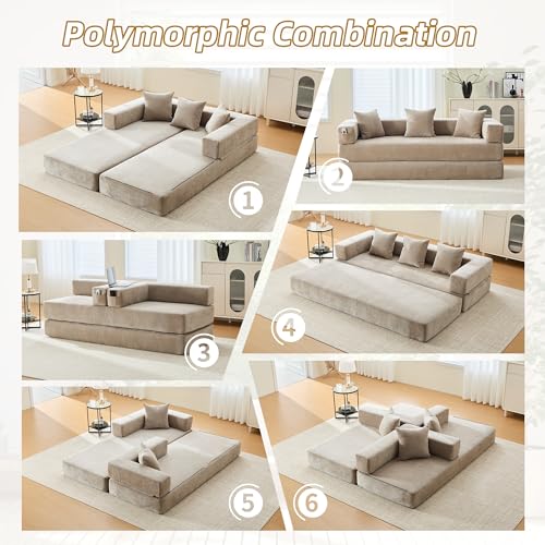 Convertible Sleeper Sofa Bed with Cylindrical Pillow, Corduroy Folding Mattress Couch with Fixed-Shape Frame